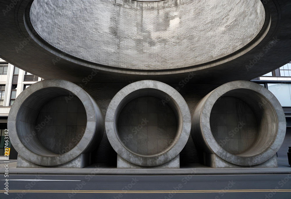Fototapeta premium Urban infrastructure and modern architecture, concrete tunnel structures in city street with geometric design and brutalist style for metropolitan planning