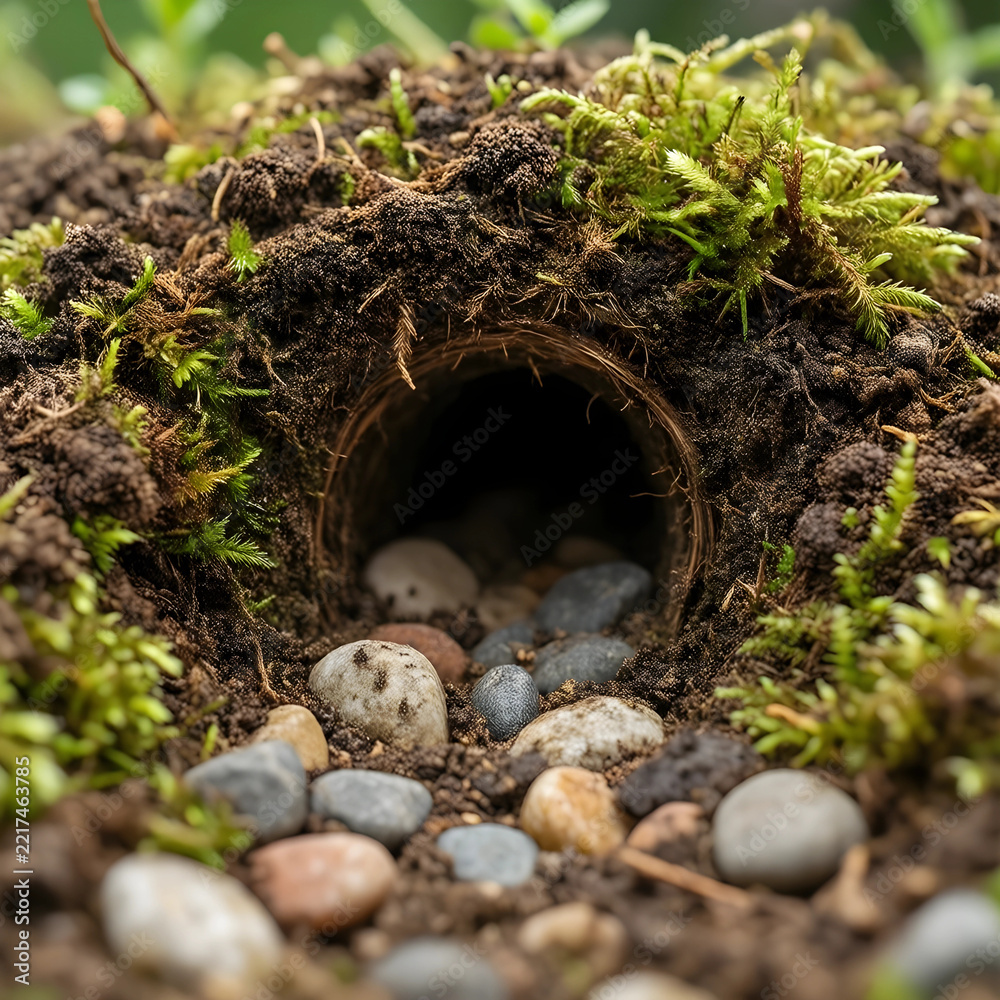 Fototapeta premium Wildlife habitat and nature conservation, animal burrow entrance in forest soil with moss and stones for biodiversity and ecosystem protection in nature