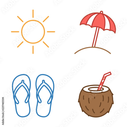 Summer vacation icons with sun umbrella flip flops coconut