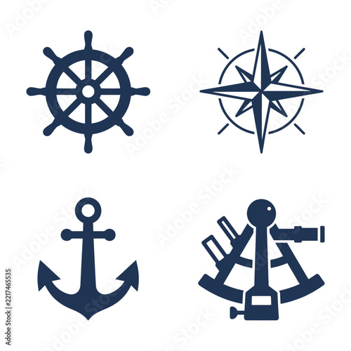 Nautical symbols set including anchor wheel compass