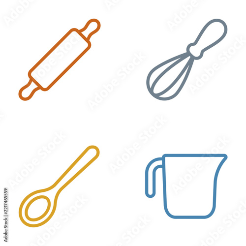 Kitchen utensils icons set including rolling pin, whisk, spoon, and measuring cup