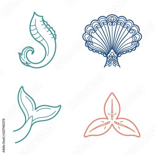 Mermaid tail and seashell ocean icons illustration