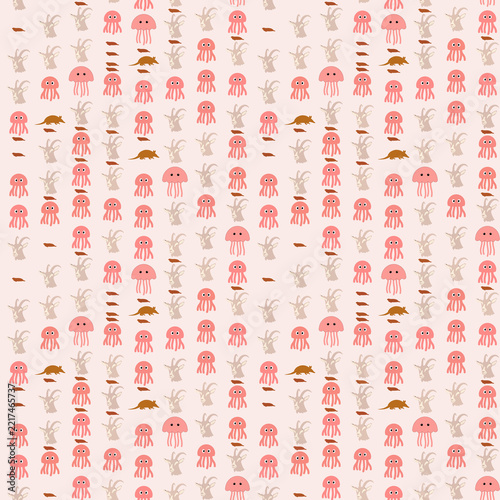 Seamless pattern of cartoon jellyfish, goats, and armadillos