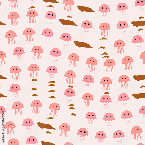 Seamless pattern of cartoon jellyfish, seals, and rodents