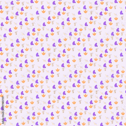 Seamless pattern of dinosaur footprints, pterodactyls, and goat heads