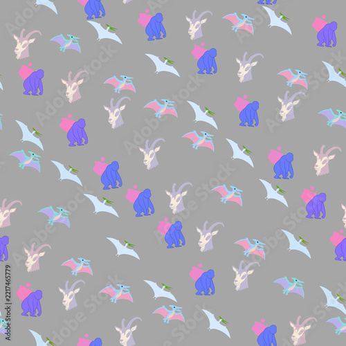 Seamless pattern of dinosaurs, goats, and ape-like figures
