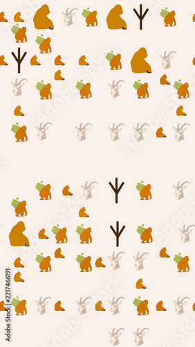 Seamless pattern with stylized bears, goats, and symbols