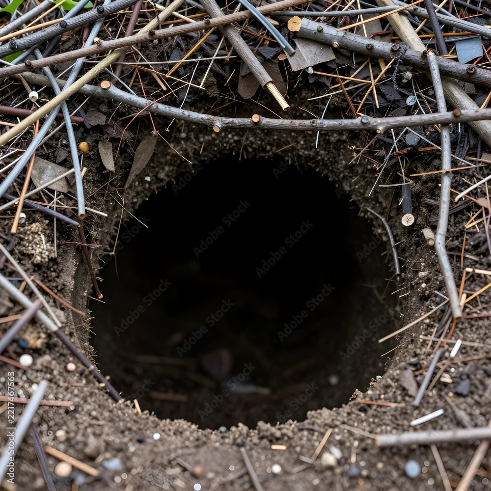 Fototapeta premium Wildlife habitat and animal burrow, dark underground tunnel entrance in forest soil with twigs and debris for nature conservation and biology research