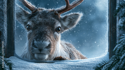Reindeer looking curiously through a snowy window in a winter wonderland