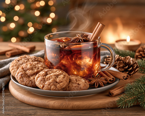 Warm beverage with cookies served on wooden table beside holiday decor and cinnamon sticks
