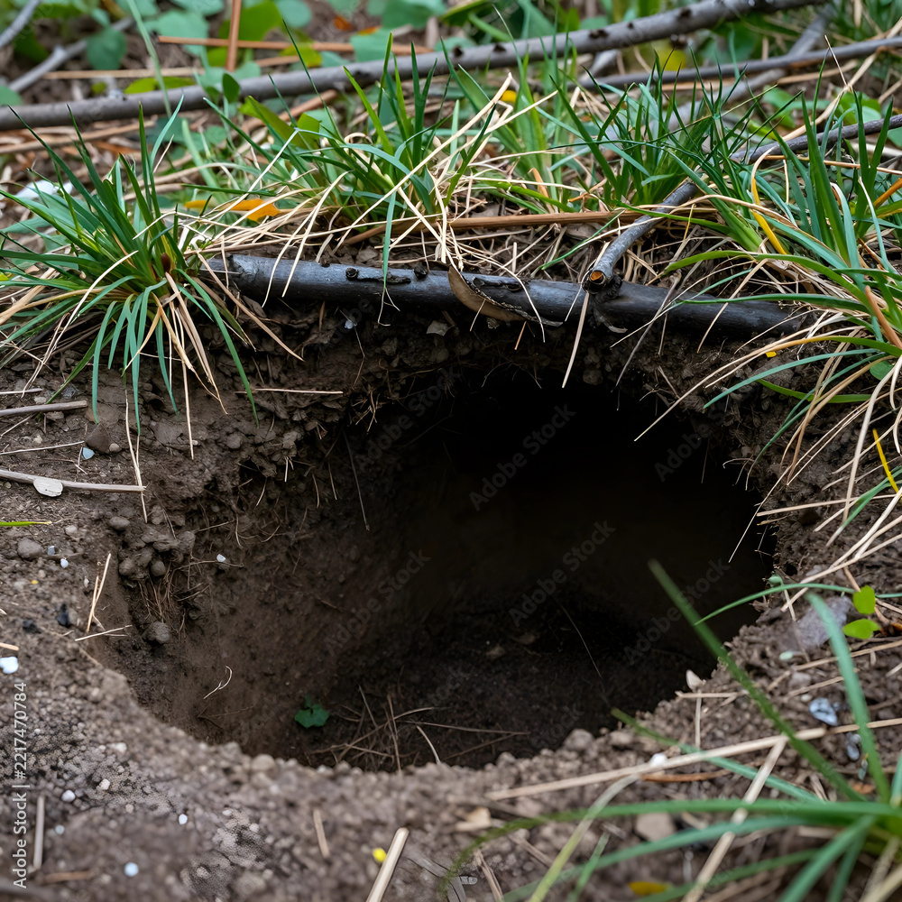 Fototapeta premium Wildlife habitat and animal burrow, empty underground den in nature with grass and soil for environmental conservation and biodiversity research study