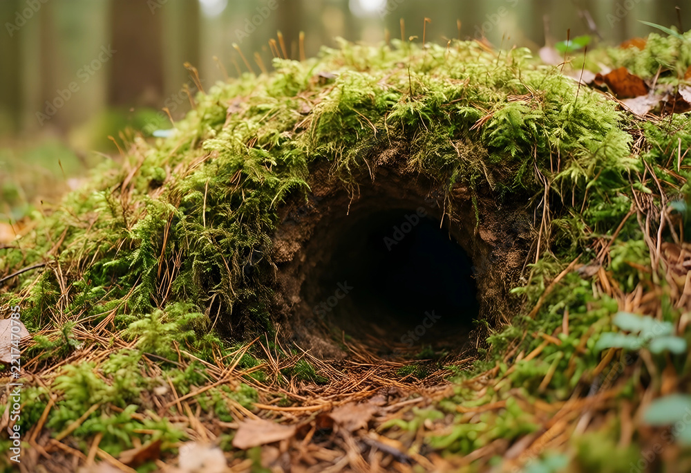 Fototapeta premium Wildlife habitat and nature conservation, small animal burrow entrance in a mossy forest floor with pine needles and woodland ecosystem environment