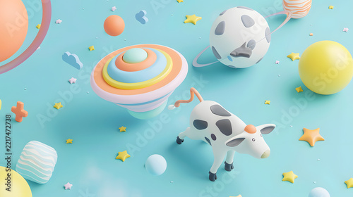 Surreal 3D render of a cute cow exploring a pastel galaxy with stars and colorful planets