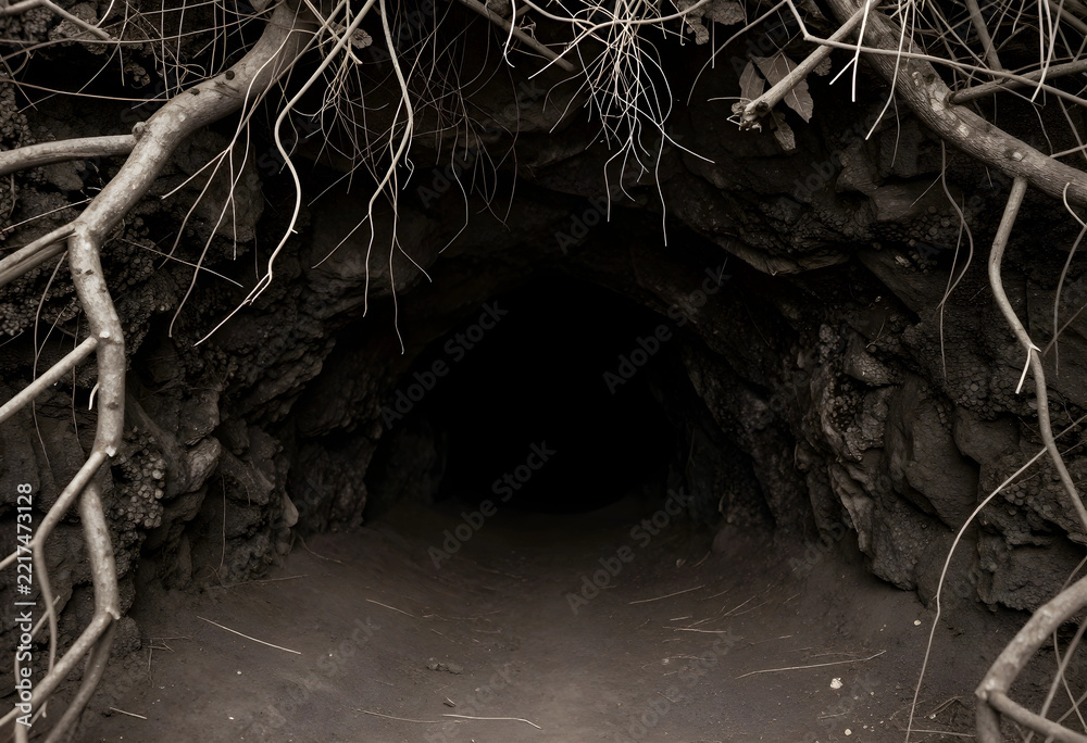 Fototapeta premium Mystery and exploration concept, dark cave entrance with twisted tree branches and rocky terrain in a wilderness landscape for adventure travel themes