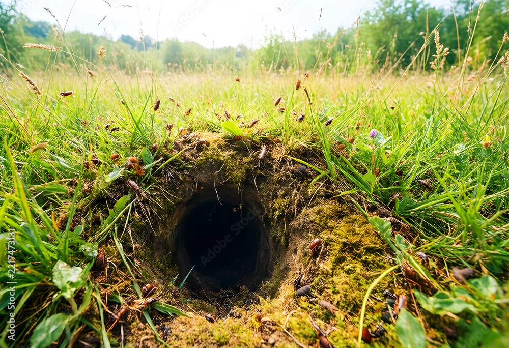 Fototapeta premium Wildlife habitat and biodiversity, animal burrow entrance in a grassy meadow with insects and wild plants in a natural ecosystem during a sunny day