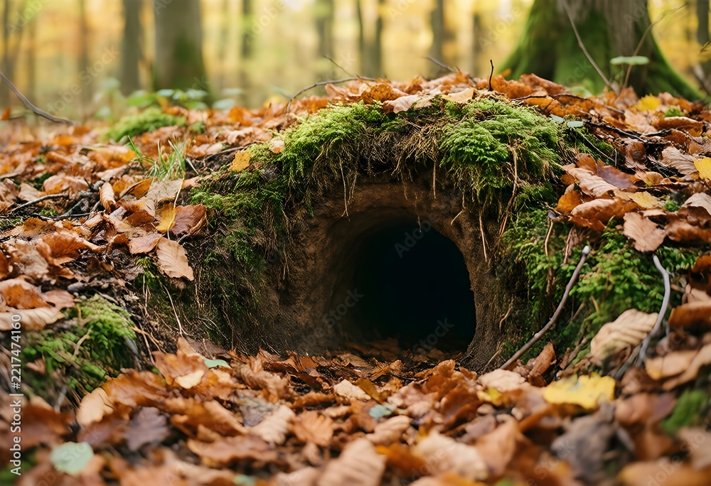 Fototapeta premium Wildlife habitat and nature conservation, animal burrow entrance in forest floor with autumn leaves and moss in a woodland ecosystem during fall season