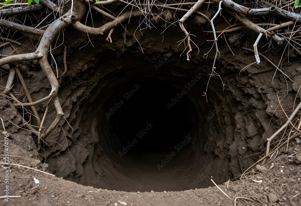 Fototapeta premium Mystery and unknown concept, deep dark hole in the ground with tangled tree roots and rough earth walls, ominous entrance to a hidden underground tunnel