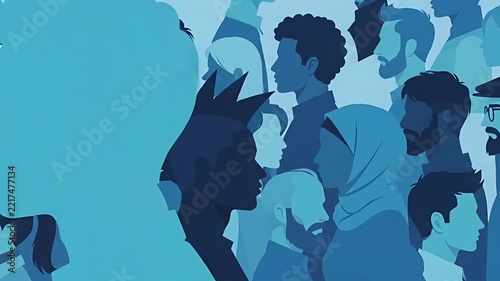 Diverse crowd of people profile silhouettes in monochromatic blue graphic style.