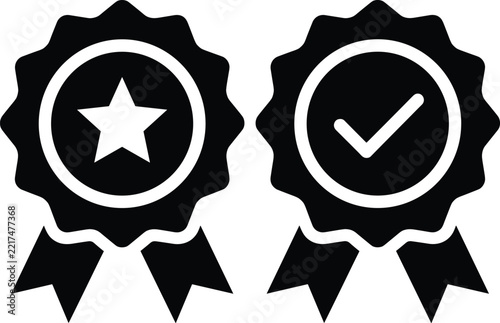 Black Award Ribbons with Star and Checkmark Badges