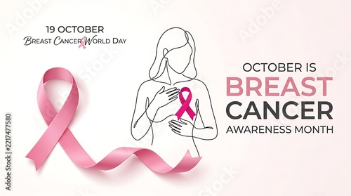 October is breast cancer awareness month concept banner with pink ribbon and woman silhouette