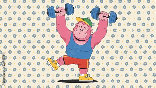 Cheerful Pink Cartoon Gorilla Lifting Blue Dumbbells Workout Animation.