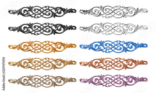 Colorful Vintage Rococo Decorative Scroll Moldings Collection Isolated on Transparent Background