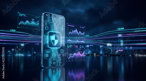 Futuristic cybersecurity interface with glowing digital data streams, financial charts, and a protective shield symbol.
