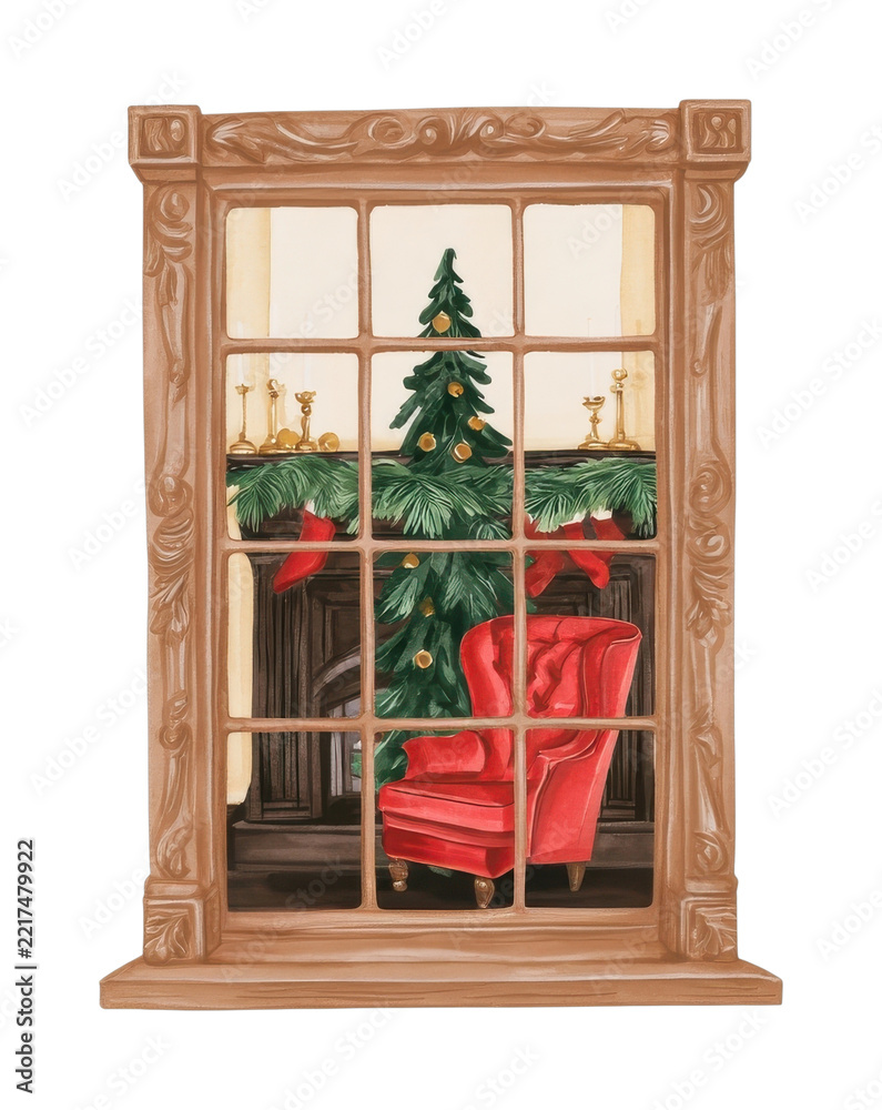 Naklejka premium PNG Vintage window illustration featuring Christmas tree and red armchair