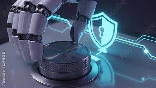 A robotic hand turning a control dial on a futuristic digital interface featuring AI and cyber security icons.