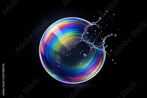 A realistic image of a spherical rainbow soap bubble bursting against a pitch-black background