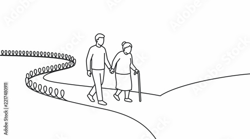 Caregiver and Senior Walking Hand in Hand Line Art, Elderly Care and Intergenerational Support