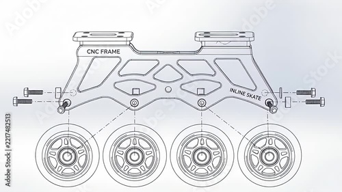 Technical CAD drawing animation of a four-wheel inline skate CNC frame assembly.