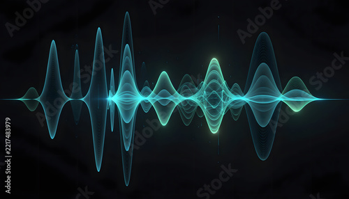 Neon green digital audio waveform and frequency spectrum. Sound measurement and musical amplitude concept. Glowing oscillating wave lines pulsing across dark background