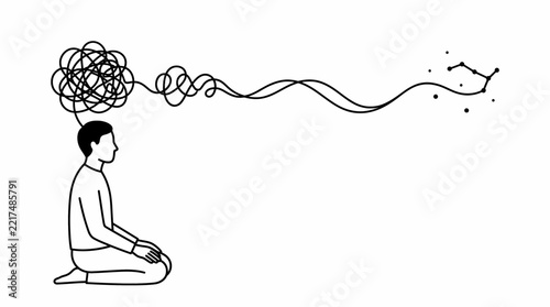 Neurodiversity Concept Line Art: Tangled Thread Unfolding into Flowing Wave Above a Thoughtful Person