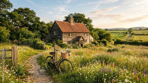 A bicycle parked in front of a quaint cottage in a lush, green field with wildflowers.
