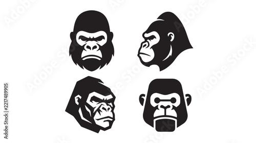 Gorilla Head Emblem Silhouette Vector Set with Four Elegant Minimalist Primate Designs