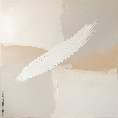 Abstract oil painting featuring bold white diagonal brushstrokes on beige textured canvas.