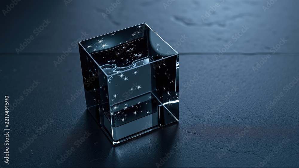 Fototapeta premium Glass cube contains stars. Reflections create illusion of nested shapes. Dark background emphasizes luminosity, contrast. Minimalist composition.