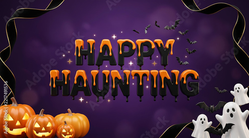 Happy Haunting Halloween Banner with 3D Glossy Text Glowing Pumpkins Spooky Ghosts and Black Bats on Purple Background for Digital Web Ad.