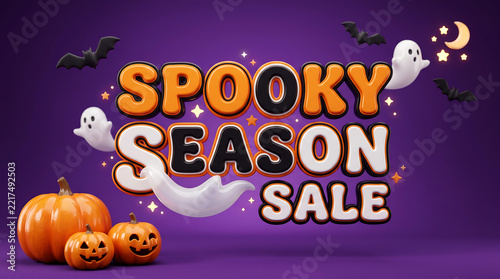 Spooky Season Sale Halloween Promo Banner with 3D Jack O Lantern Pumpkins Cute Ghosts and Bats on Purple Background for Retail Social Media