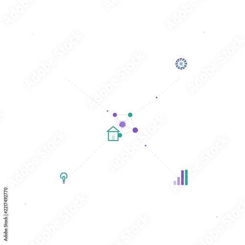 Abstract artificial intelligence neural network nodes connecting with small business shop icons and growing charts