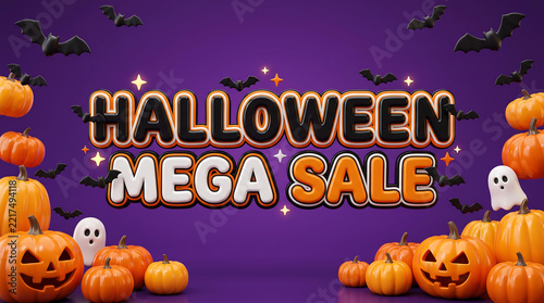Halloween Mega Sale 3D Text Banner with Jackolantern Pumpkins Bats and Ghosts on Purple Background for Retail Promotion Marketing Display.