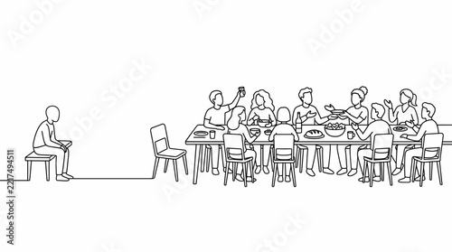 From Loneliness to Community Line Art: Solitary Person on Bench and Friends Gathering at a Long Table