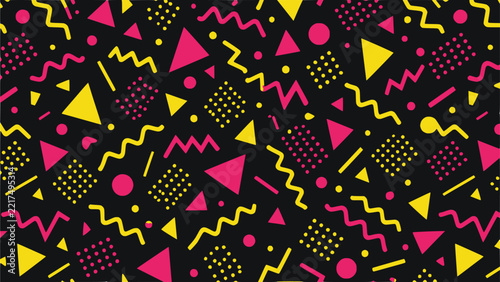 Memphis 80s pattern vector background. Featuring colorful zigzags, squiggles, triangles and dotted diamonds in hot pink and yellow on black, playful retro design for basketball jersey, team uniform