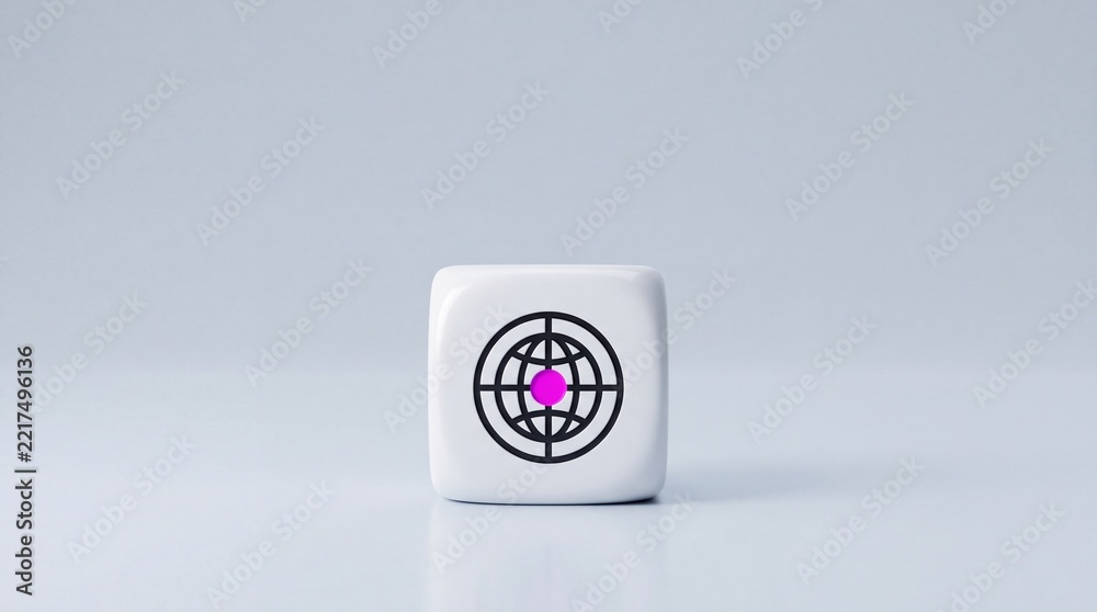 Fototapeta premium Minimalist white cube featuring a global icon with a magenta center point on a clean grey background, symbolizing global connectivity, location targeting, and digital communication.