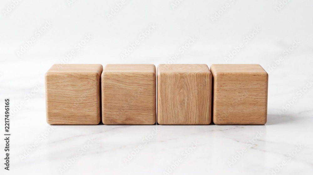 Fototapeta premium Row of Four Blank Wooden Cubes with Natural Grain Texture Arranged in a Horizontal Line on a Clean White Marble Surface, Minimalist Mockup Template for Business, Education, or Play Concepts