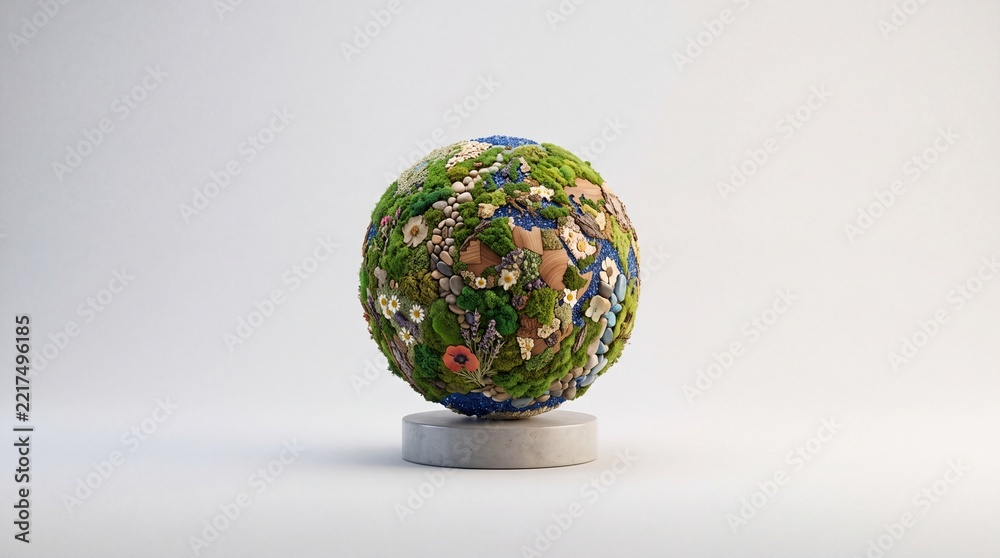 Fototapeta premium Ecological globe artwork featuring green moss, wild flowers, and pebbles on a minimalist stand, representing environmental conservation and global biodiversity on a clean white background
