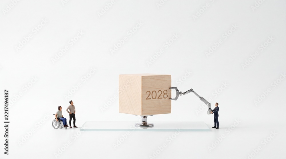 Fototapeta premium Miniature people and a businessman with a robotic arm preparing for the year 2028, symbolized by a wooden cube on a white background, representing future technology and inclusive accessibility