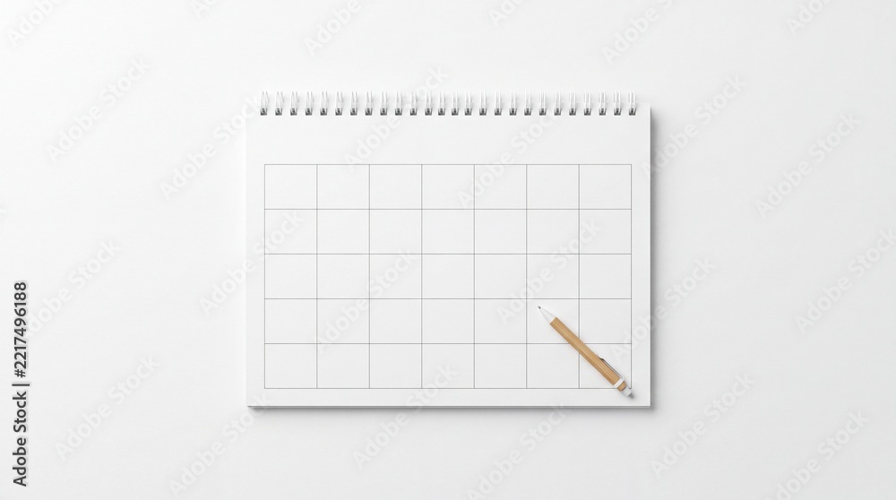 Fototapeta premium Minimalist blank monthly calendar planner notebook with a stylish wooden pen on a white background, top view flat lay for scheduling, organization, and productivity management concepts