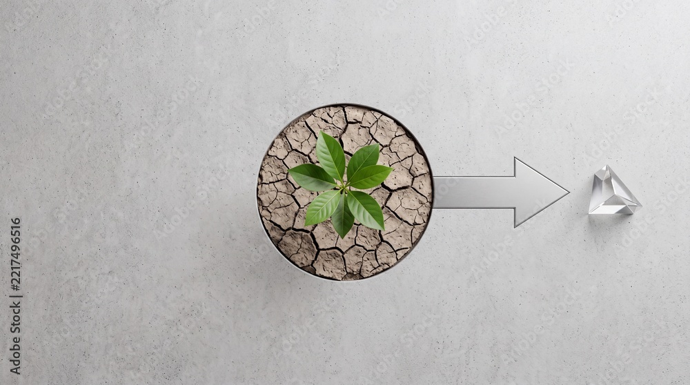 Fototapeta premium Minimalist conceptual image of a green plant sprout growing in parched cracked earth inside a circular frame with an arrow pointing toward a glass pyramid, representing sustainable growth and vision